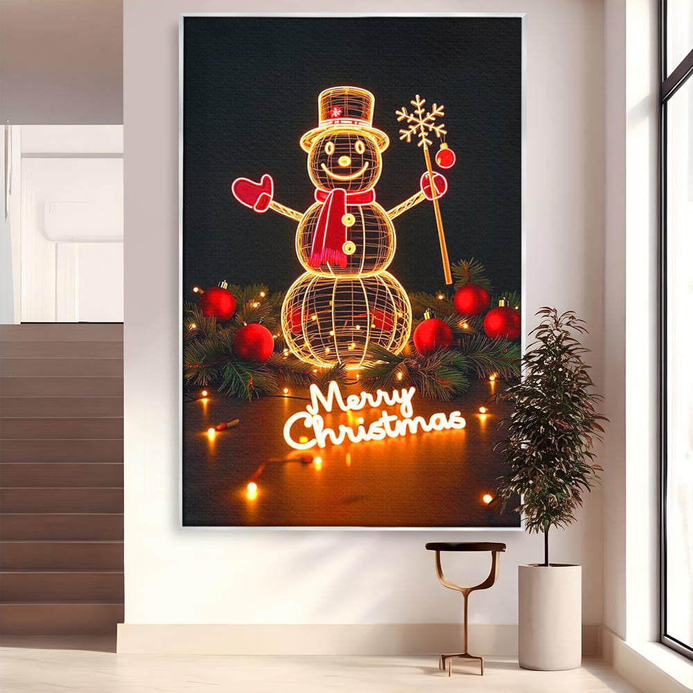 Tablou canvas cu ilustratie cu om de zapada luminos, in rama de aluminiu argintiu